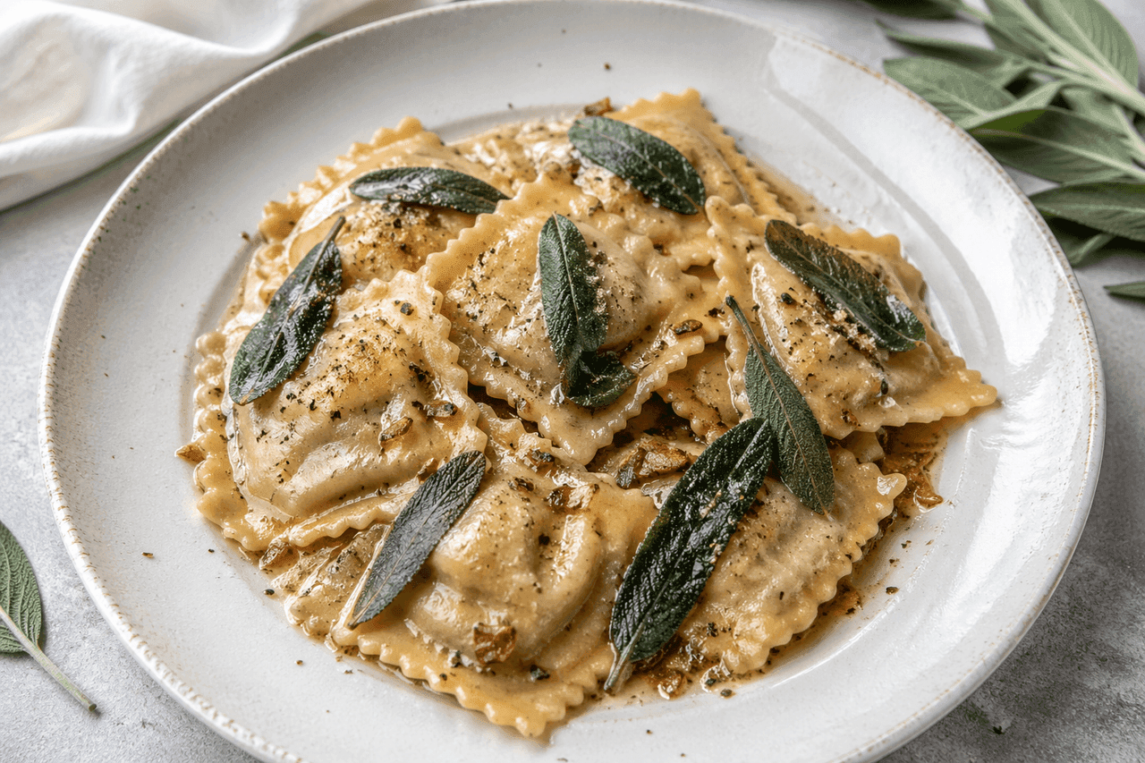 Ravioli med nötfärs och salviasmör