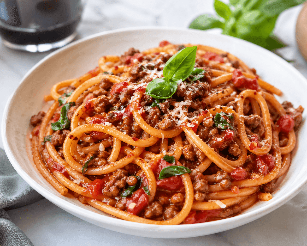 Bucatini Arrabbiata med nötkött