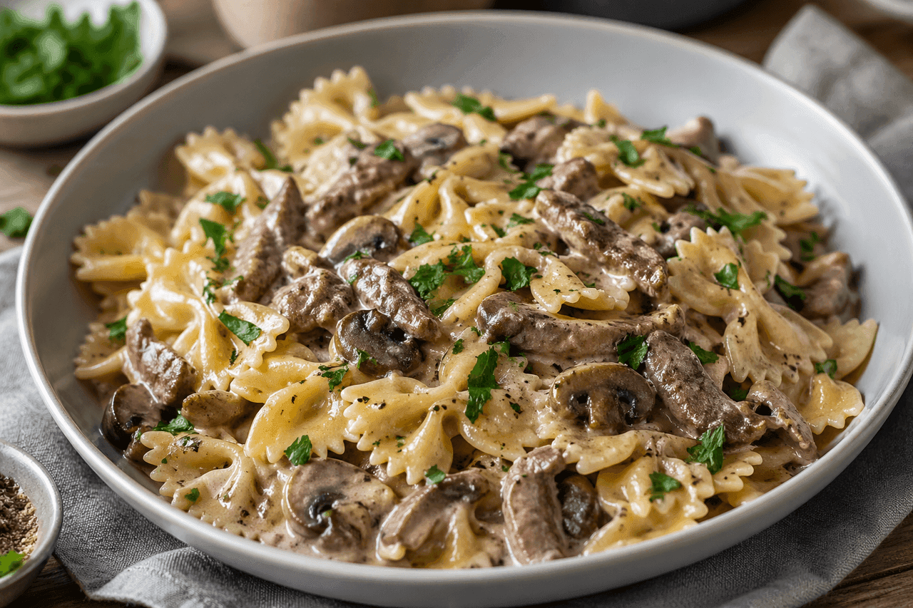 Farfalle med köttfärs och champinjoner i gräddsås