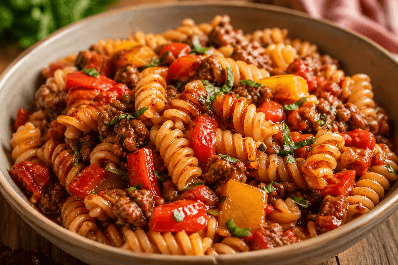 Fusilli med kryddig köttfärssås och paprika