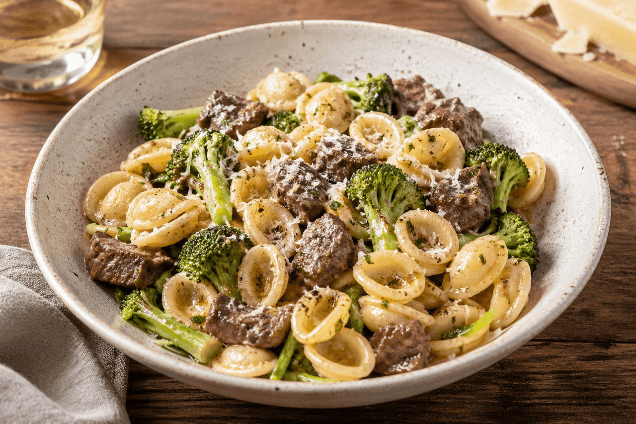 Orecchiette med biff och broccoli