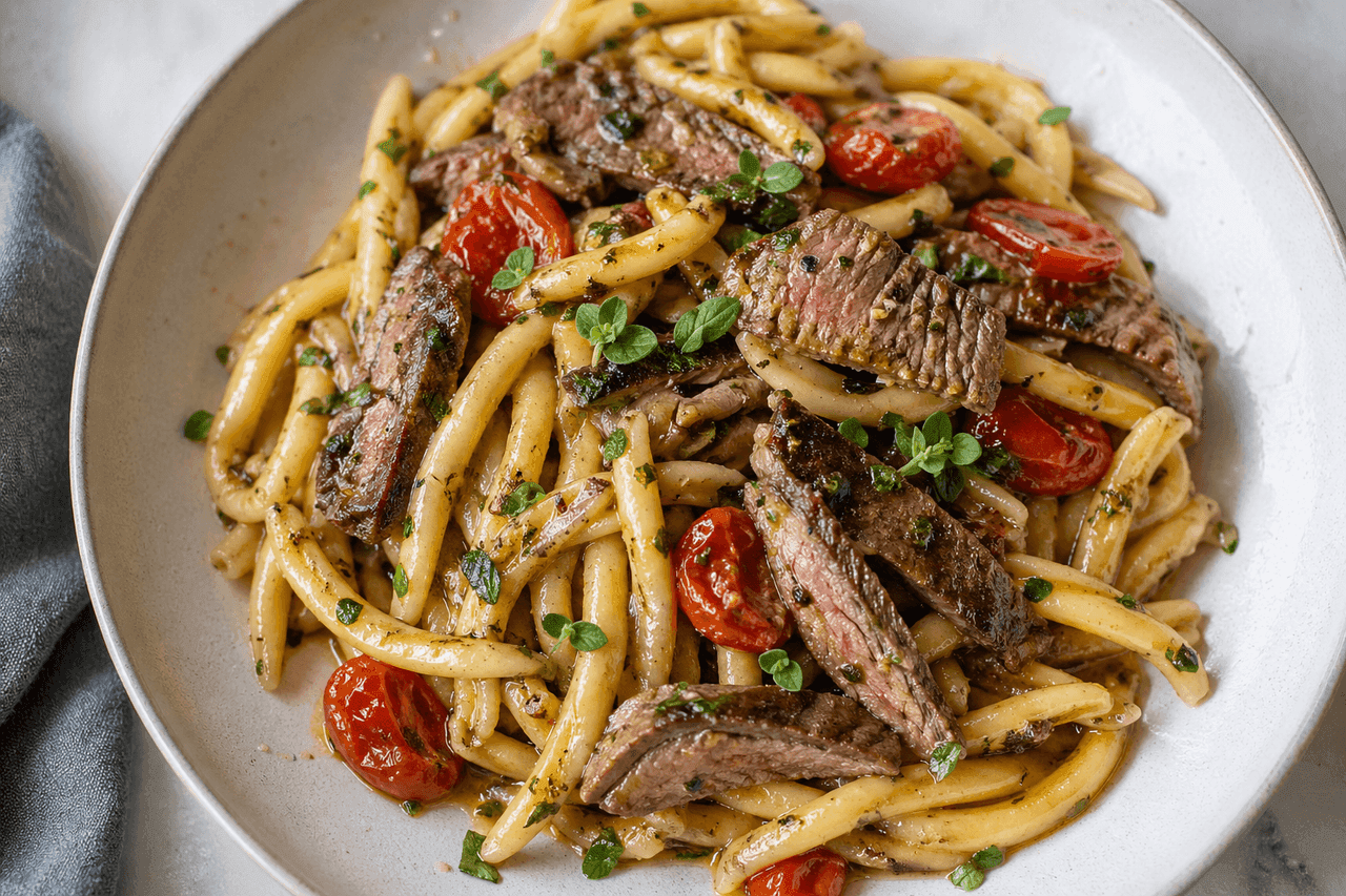 Strozzapreti med stekt nötkött och rostade tomater