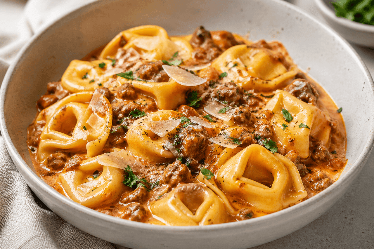 Tortelloni med nötkött i krämig tomatsås