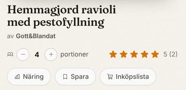 Receptet i Tuggi med namn, portioner och knappen Inköpslista