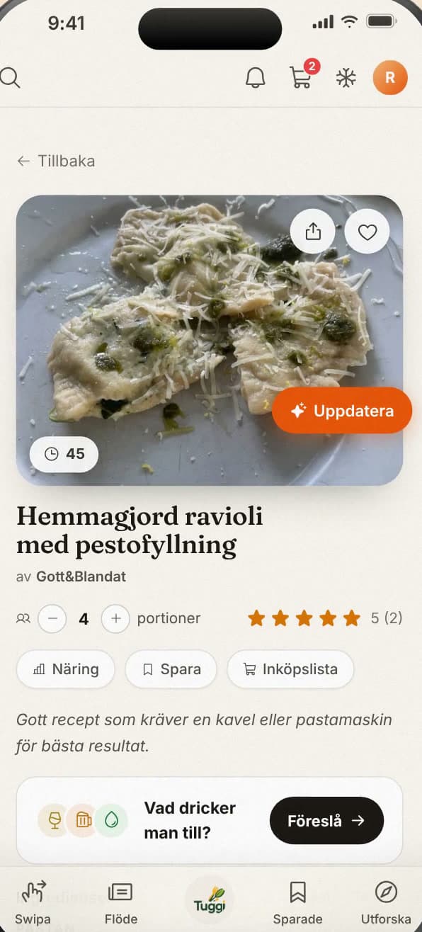 Samma ravioli som recept i Tuggi, med bild, portioner och knappar för näring, spara och inköpslista