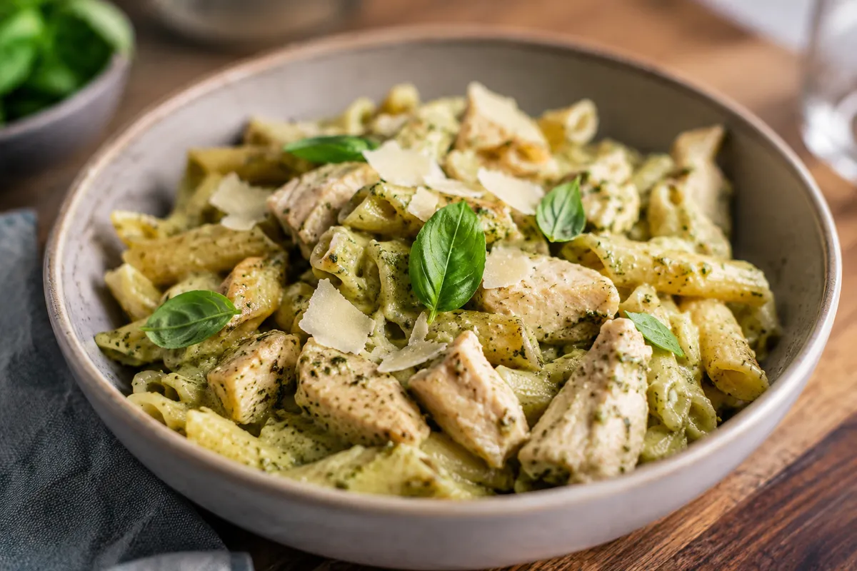 Kycklingpasta i krämig pestosås