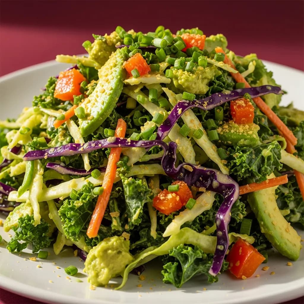 Krämig vegansk coleslaw dressad med avokado