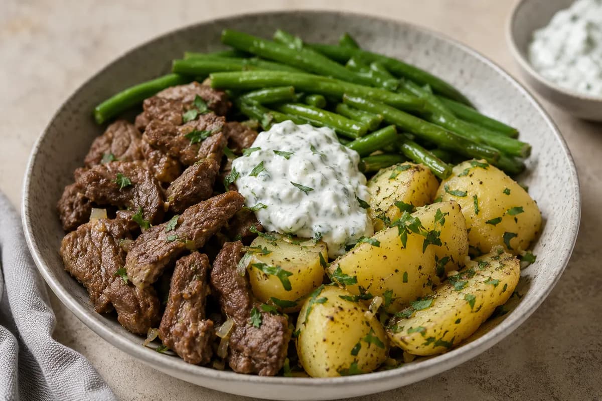 Biff- och potatispanna med kvargsås