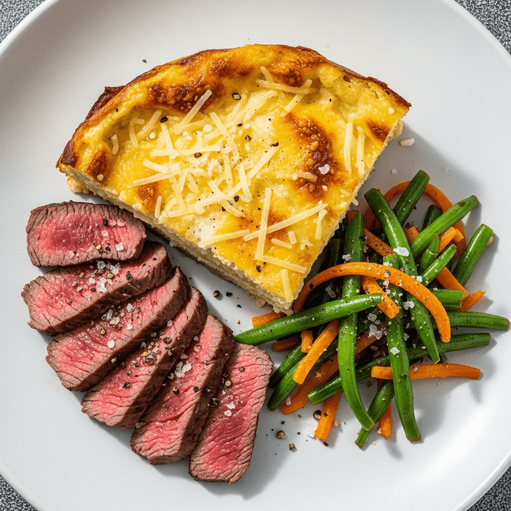 Potatisgratäng med ryggbiff och apelsinstekta bönor