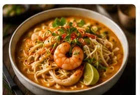 Laksa med kokos, räkor & rostad chiliolja
