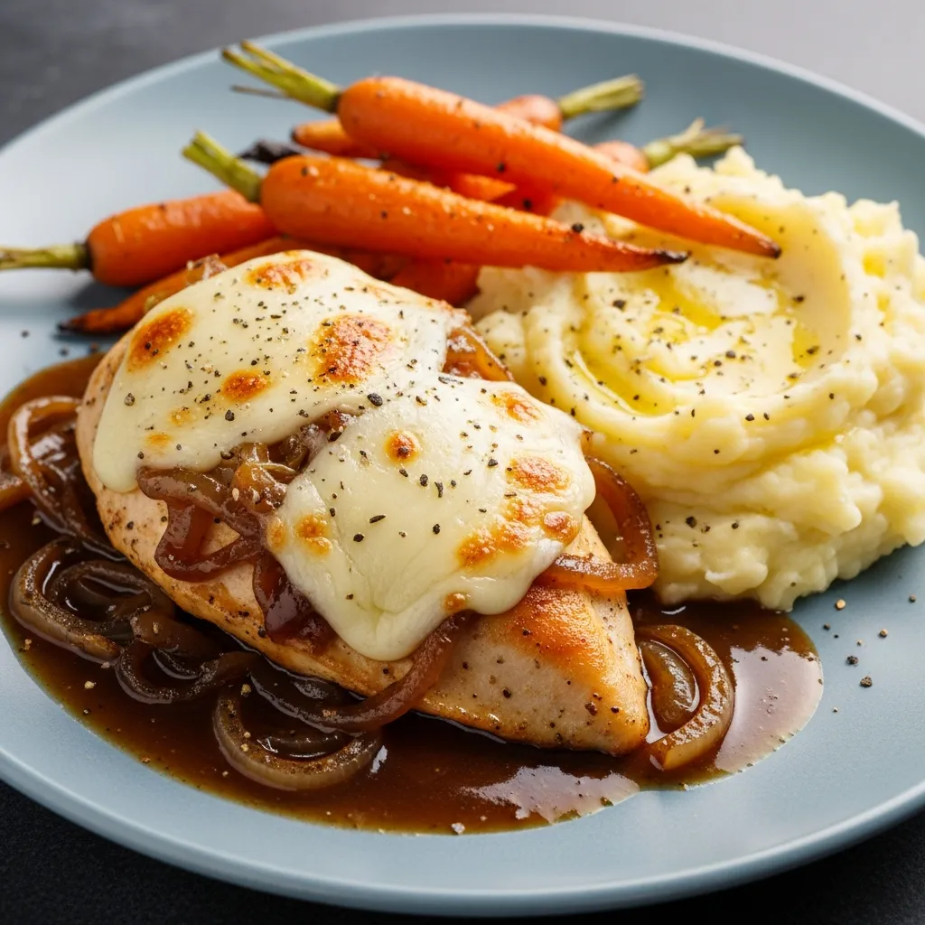 Fransk lökkyckling med rostade morötter och potatismos