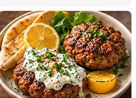 Grekiska lammfärsbiffar (kofta) med tzatziki & klyftpotatis