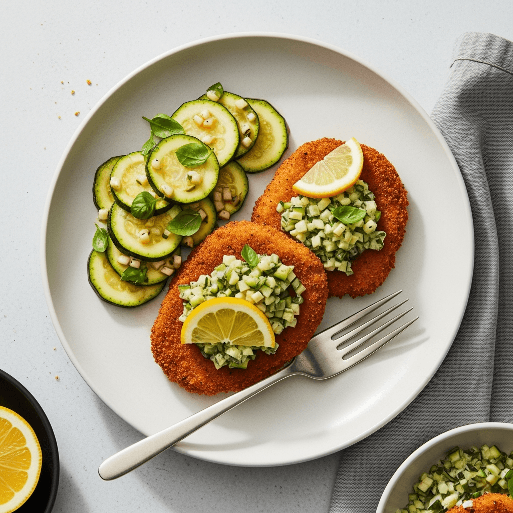 Skinkschnitzel med varm zucchini- och citronsallad