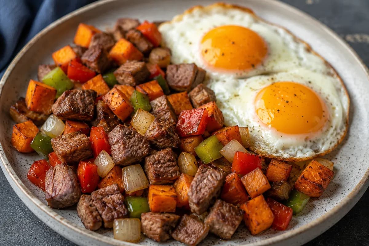 Nötbiff- och sötpotatishash med ägg