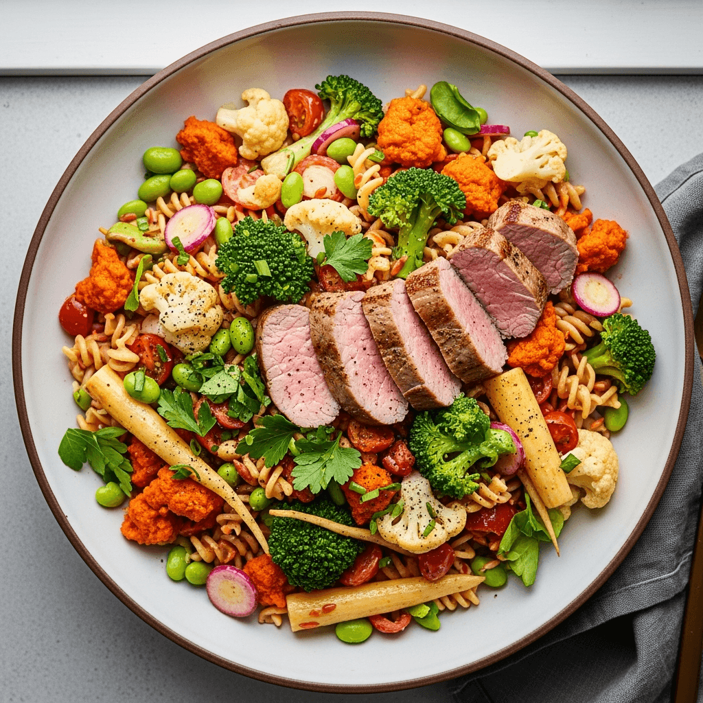 Färgglad pastasallad med fläskfilé