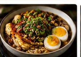 Miso-svampbuljong med rostade kålskirvor & marinerat ägg