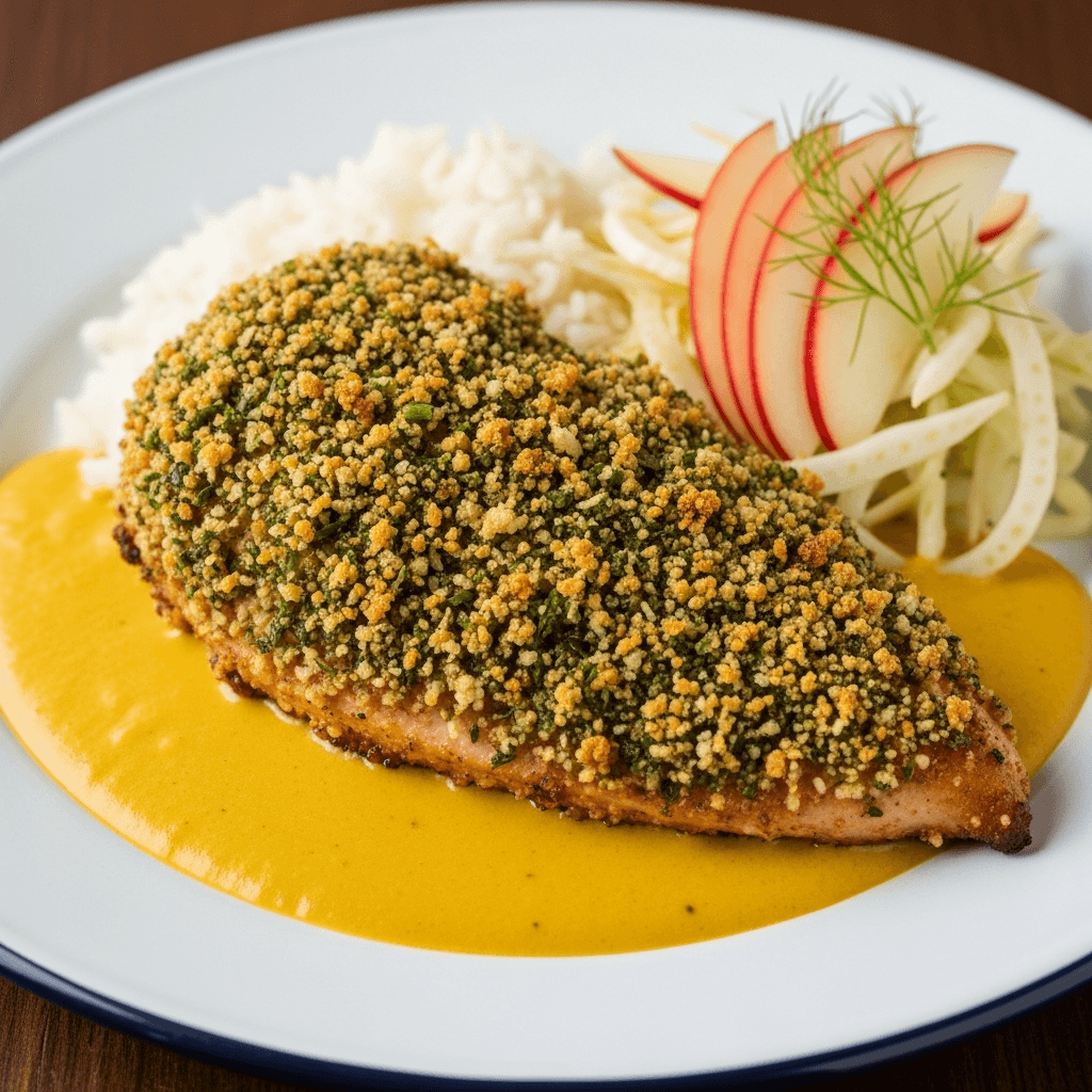 Persiljestekt kyckling med currysås och äpple- och fänkålssallad
