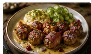 Baconlindade köttbullar med svampsås, lingon & pressgurka