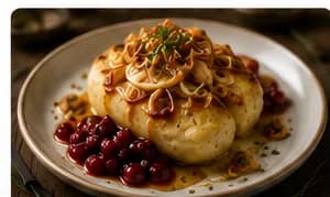 Kroppkakor med brynt smör, västerbottenskräm & lingonpärlor