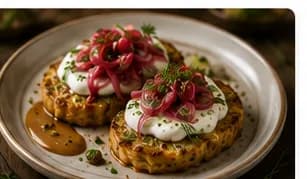 Rotmosrösti med senapscrème, syltad lök & råriven pepparrot