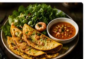 Vietnamesiska banh xeo-pannkakor med räkor, mungbönor & färska örter
