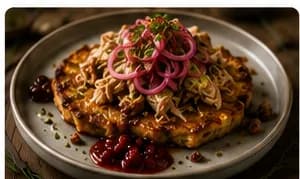Raggmunk med pulled pork, picklad rödlök & lingonsmör