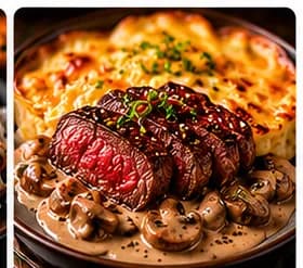 Oxfilé med champinjonsås och potatisgratäng