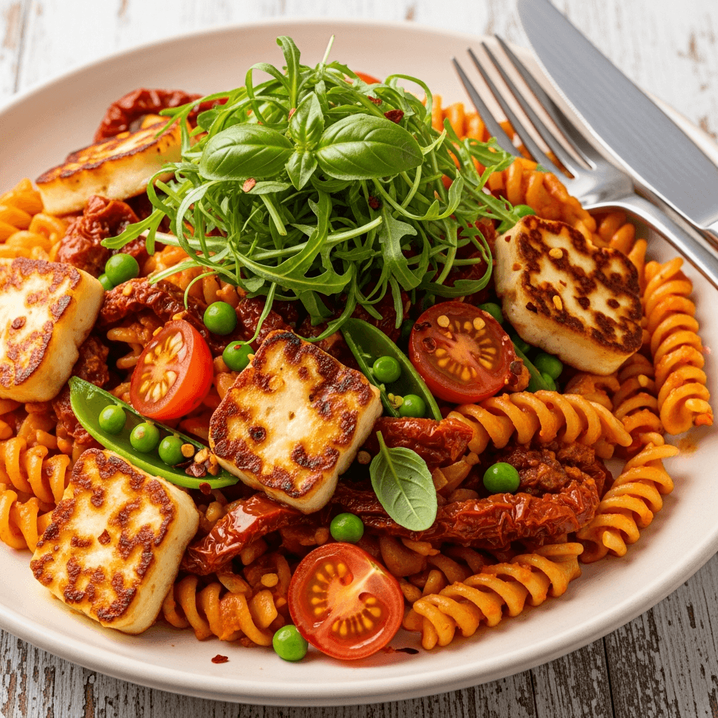Halloumipasta med ärtor och soltorkad tomatcrème