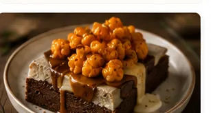 Kladdkaka på vitchoklad & hjortron med vaniljgrädde & rostad vit choklad