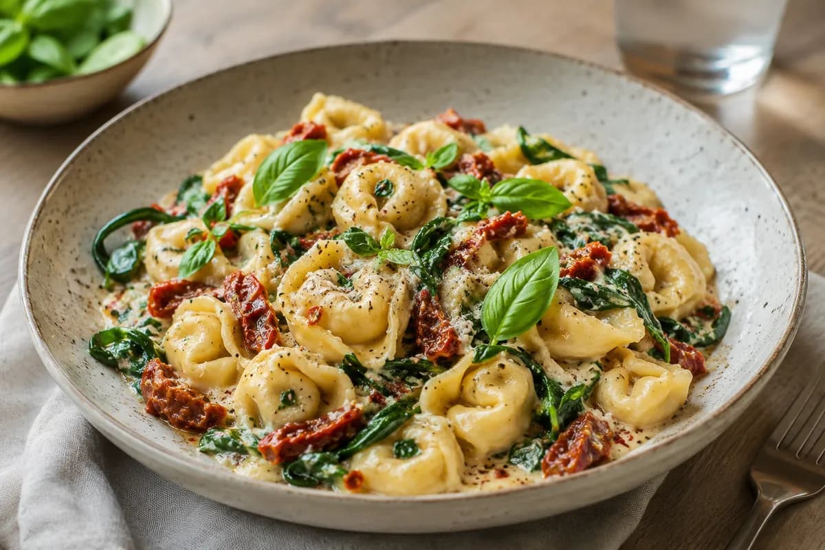 Krämig tortellini med spenat och soltorkade tomater