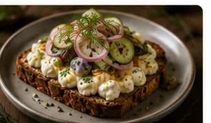 Varmrökt ål med potatissallad på kavring, dillkräm & picklad gurka