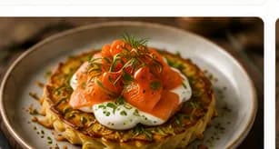 Potatisrösti med gravad öring, dillcrème, picklad gurka & forellrom