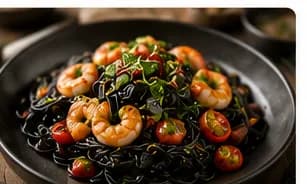 Svart bläckfiskpasta med räkor & citron