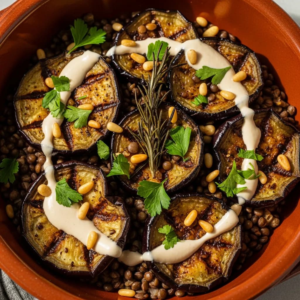Rostad aubergine med tahini, pinjenötter och linser