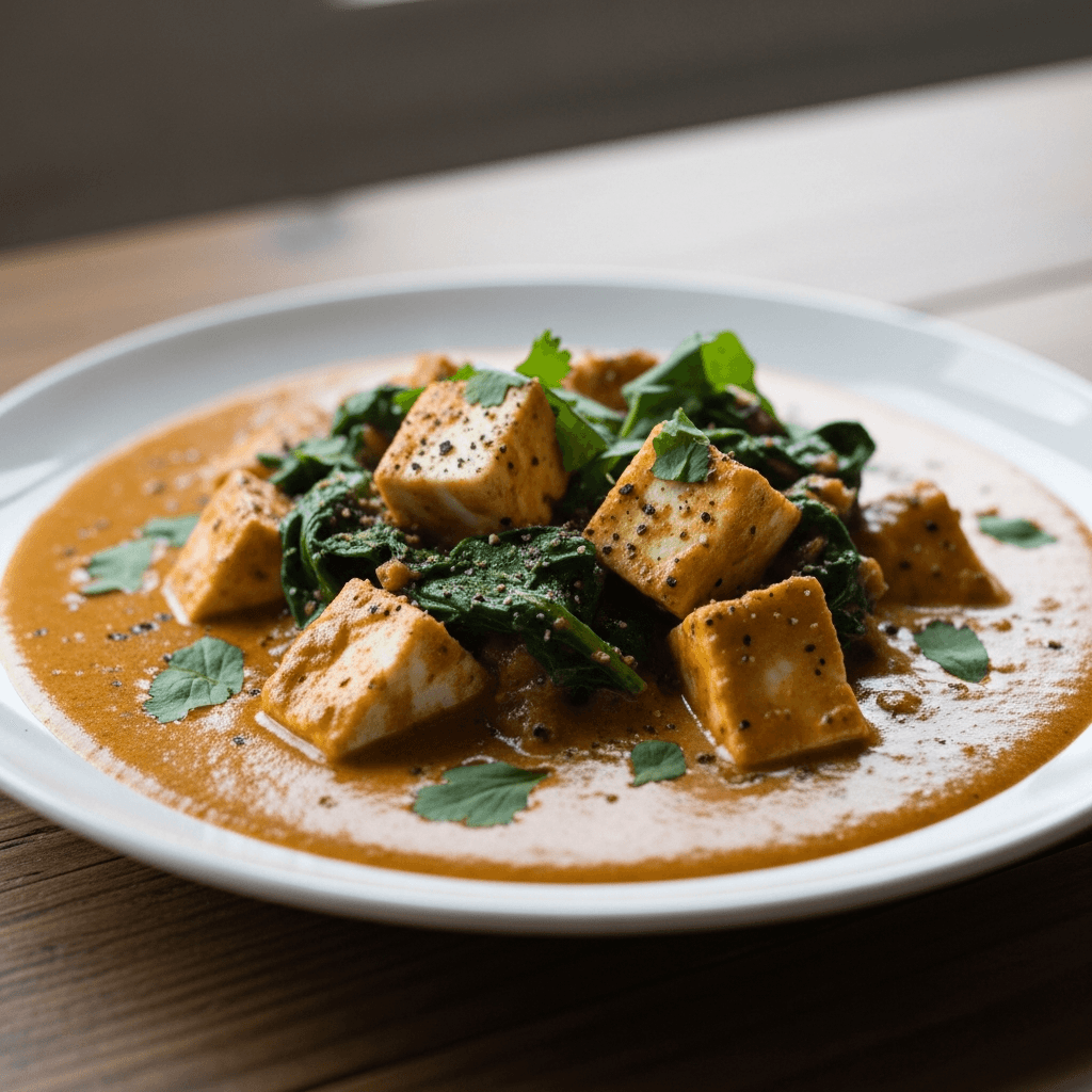 Palak paneer med tomat och halloumi