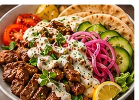 Lamm shawarma bowl med tahinisås & picklad lök