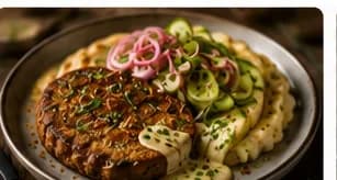 Panerad selleribiff med brynt smörsås, picklad lök & potatispuré på rostad vitlök