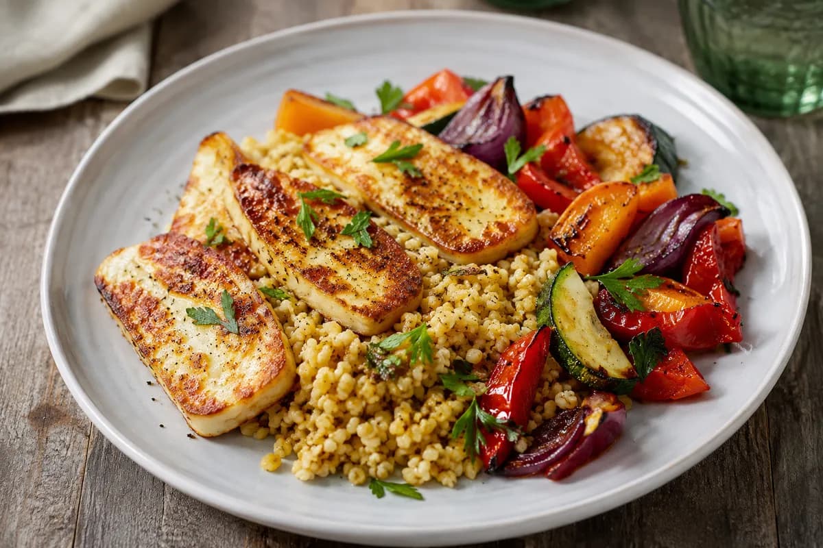 Pannstekt halloumi med bulgur och rostade grönsaker