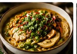 Grön curry-ramen med kokosmjölk, svamp & krispig chiliolja