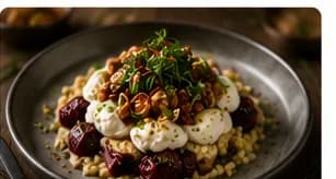 Råbiff på rödbeta med getostkräm, valnötter & friterad grönkål