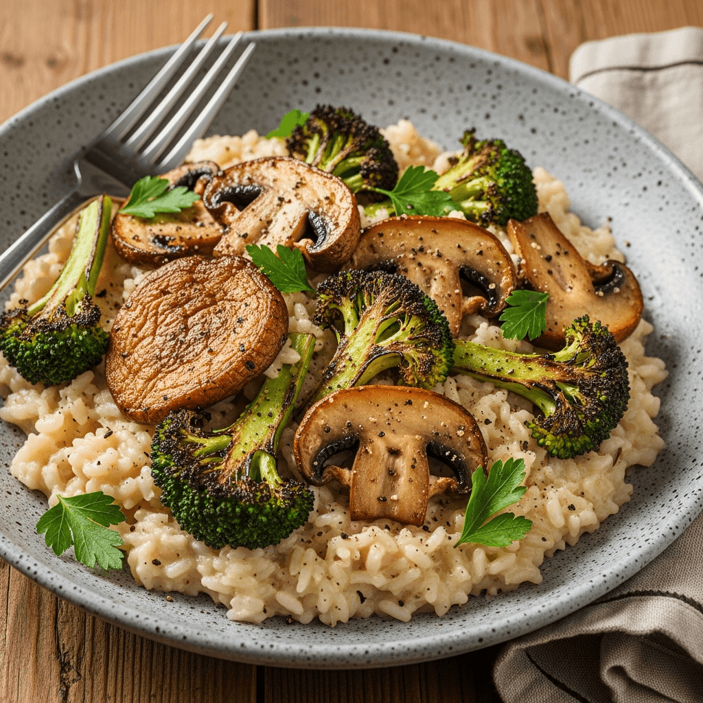 Svamprisotto med vitlöksstekt broccoli