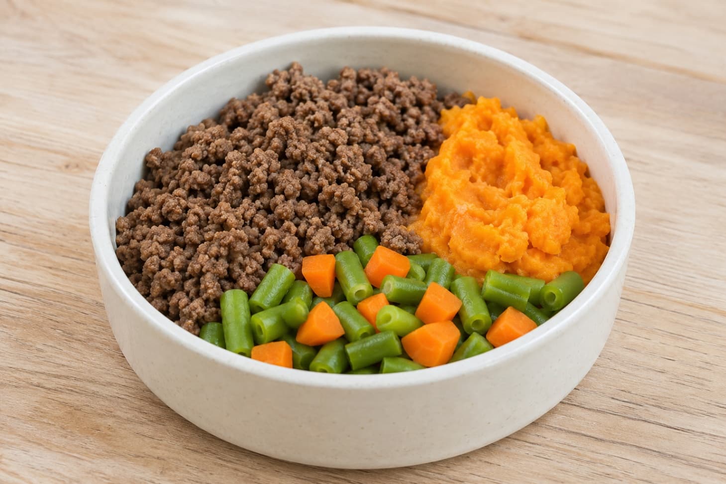 Hundvänlig nötfärs med sötpotatis och gröna bönor