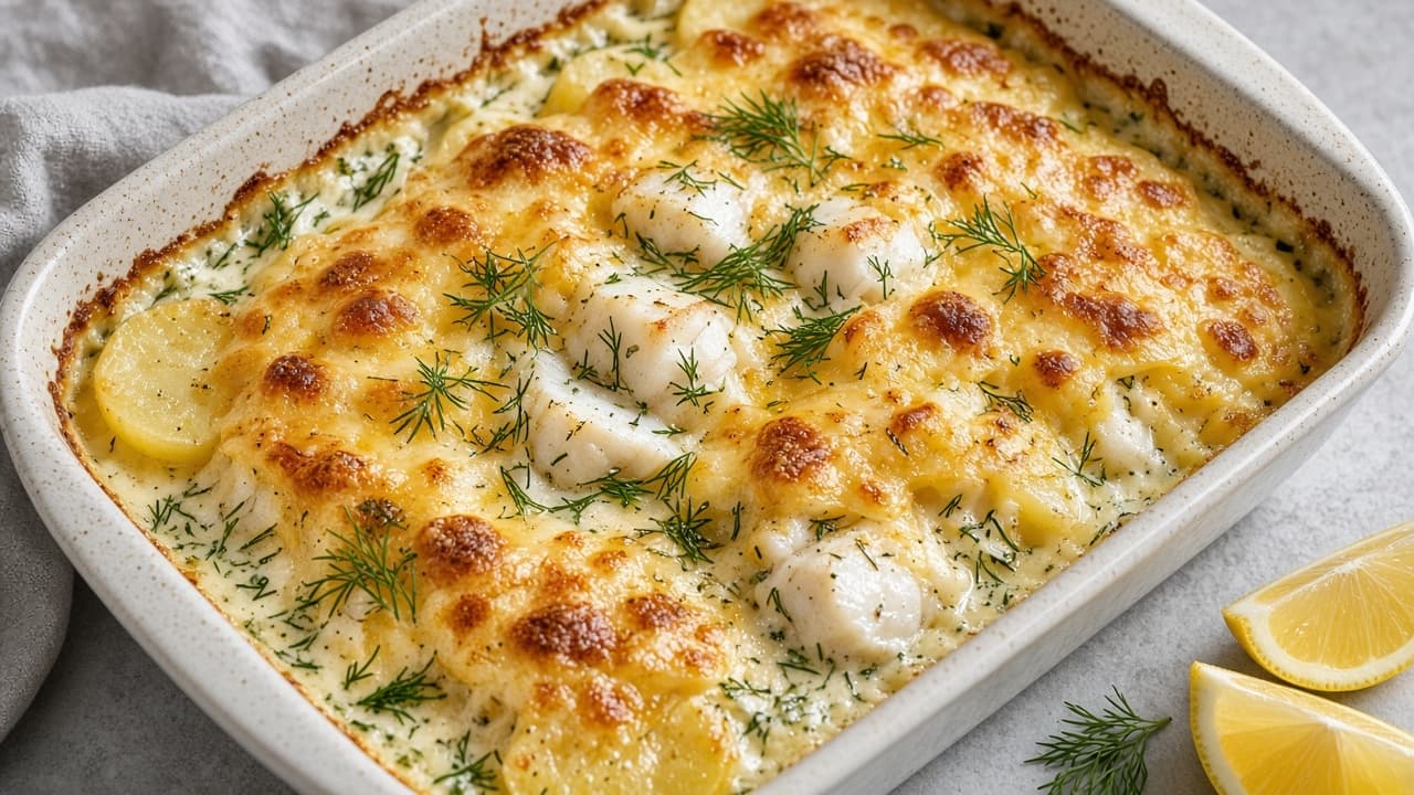 Fiskgratäng med dillsås och potatis
