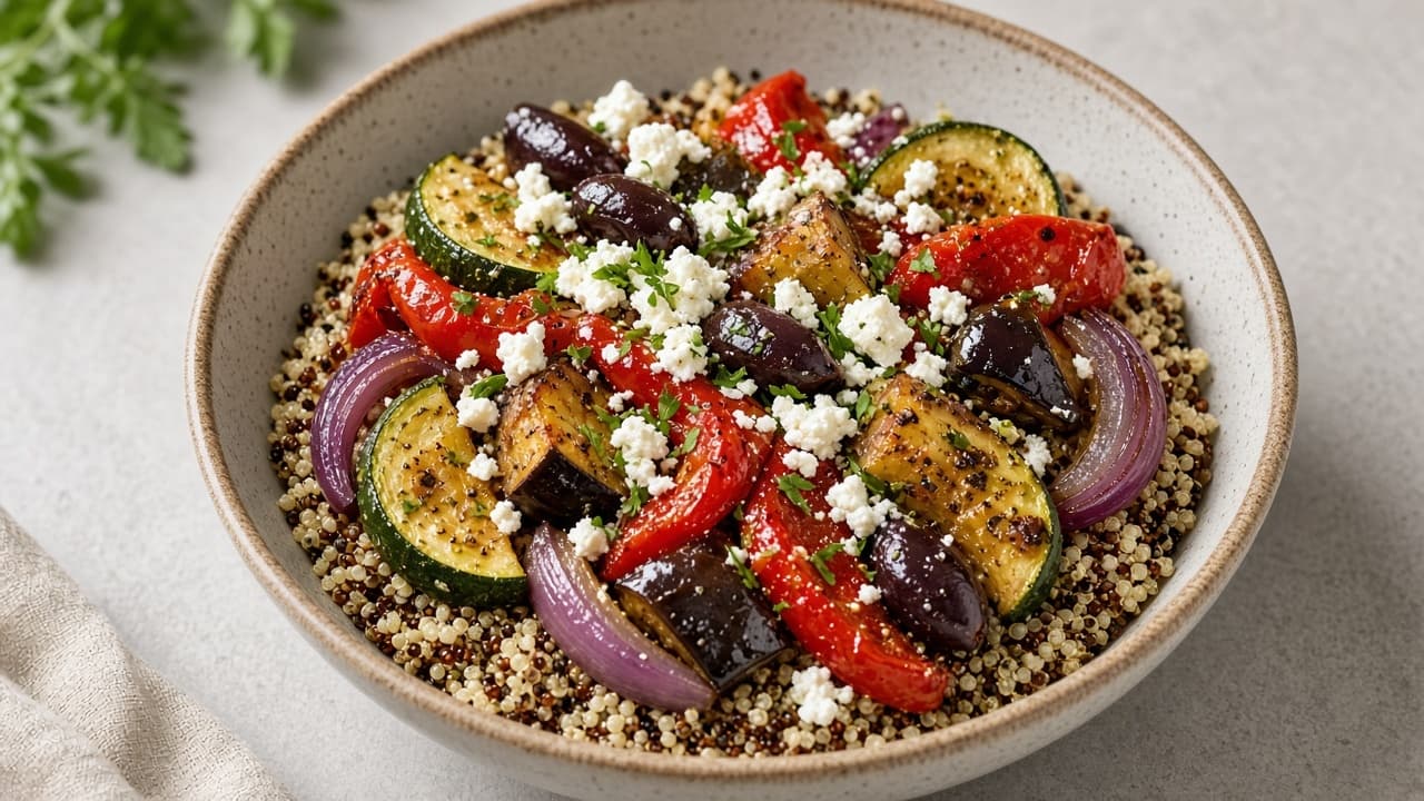 Quinoabowl med rostade grönsaker och feta