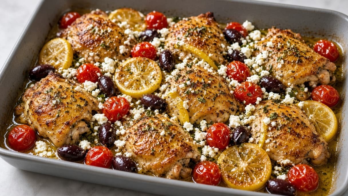 Ugnskyckling med citron, oliver och feta
