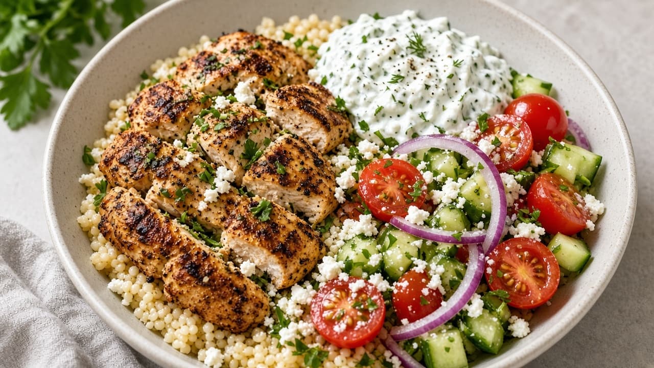 Grekisk kycklingbowle med tzatziki och couscous