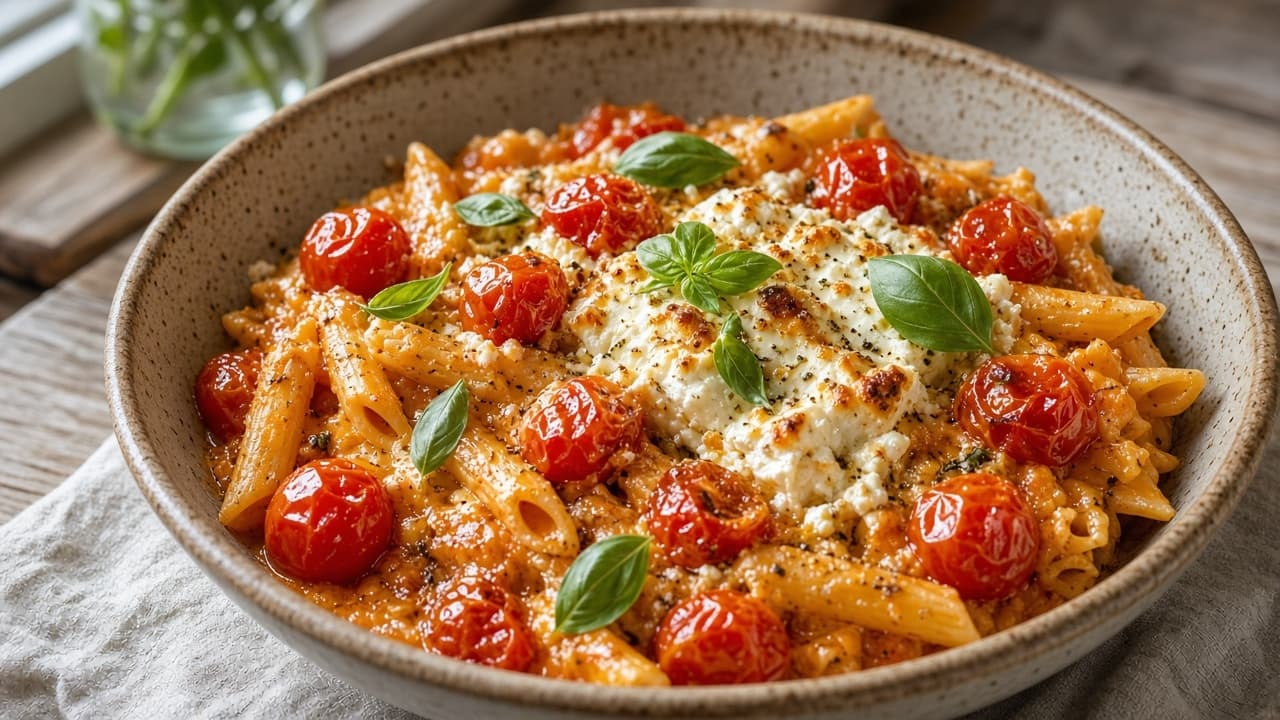 Ugnsbakad feta-pasta med körsbärstomater