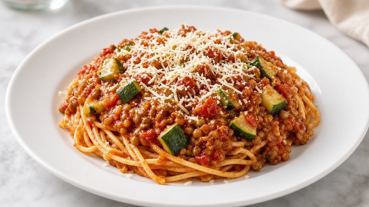 Linspasta bolognese med zucchini