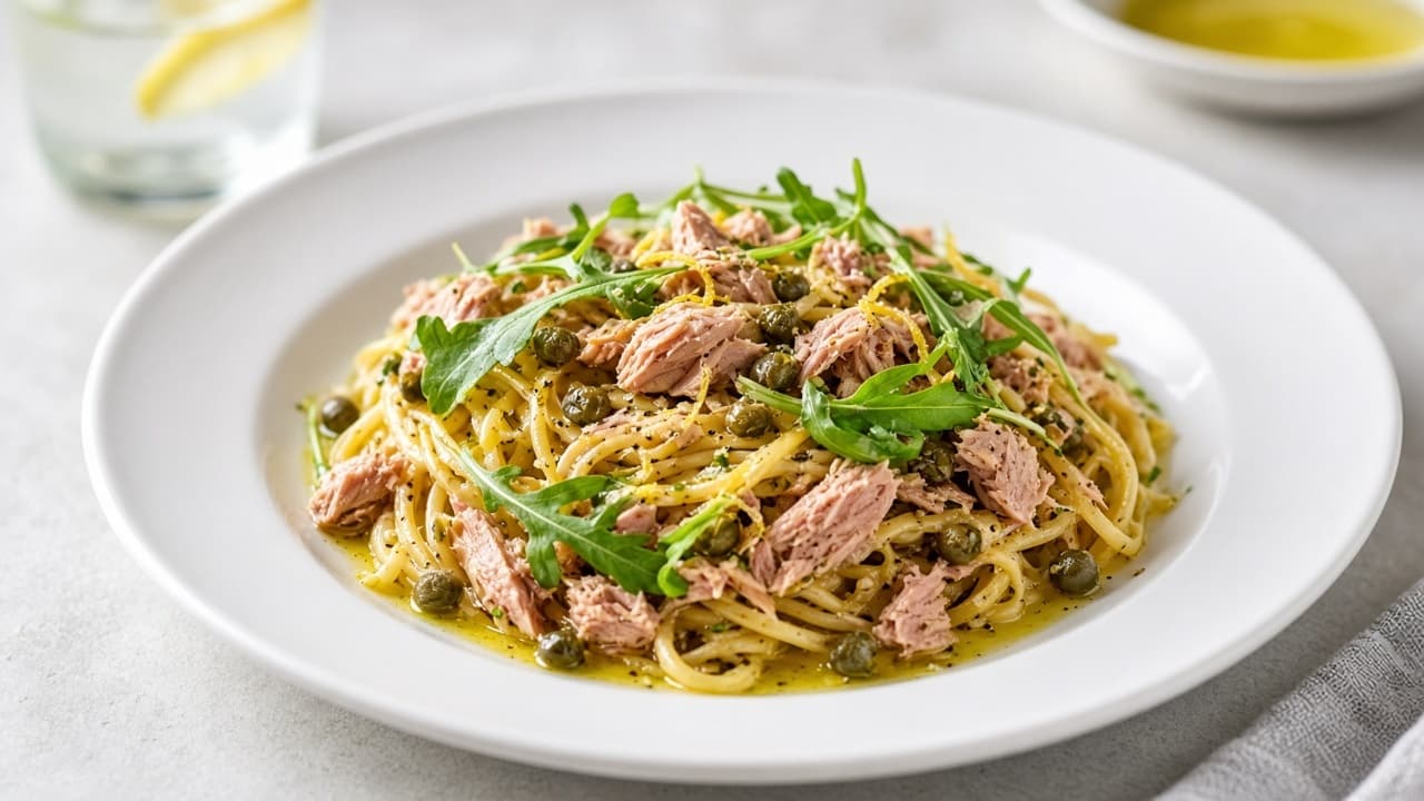 Tonfiskpasta med citron, kapris och rucola