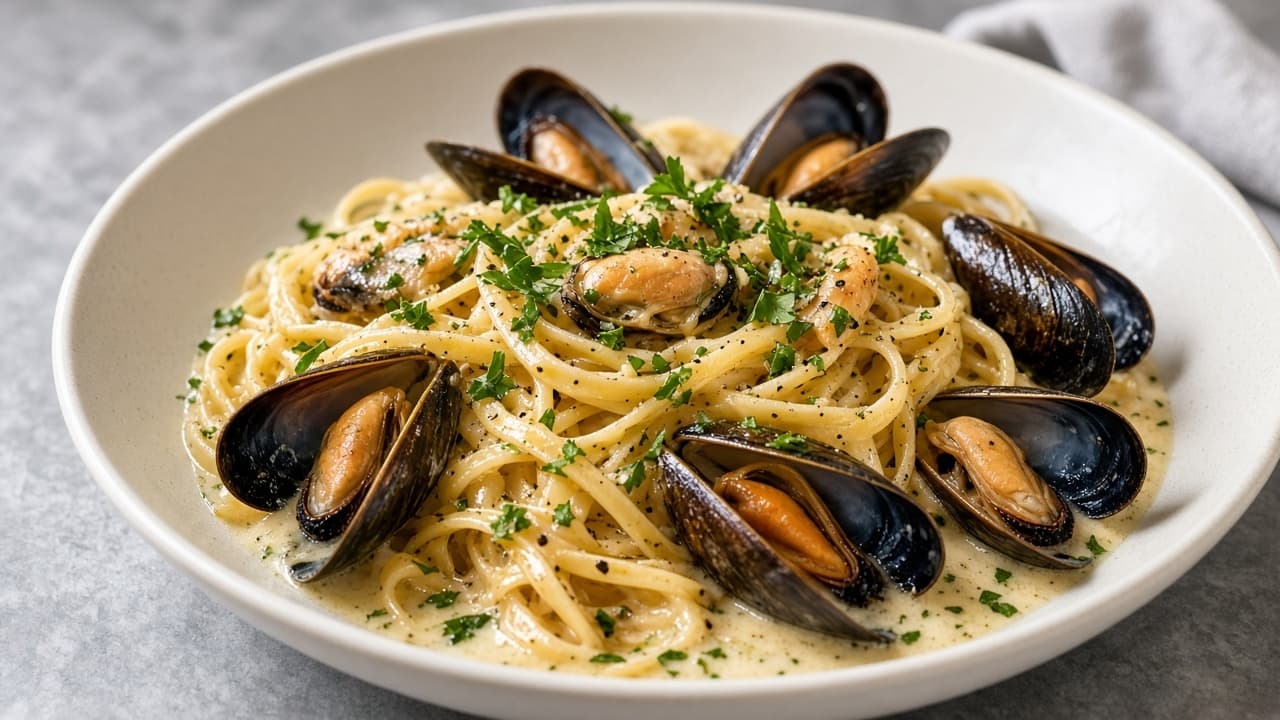 Musselpasta med vitlök, citron och persilja